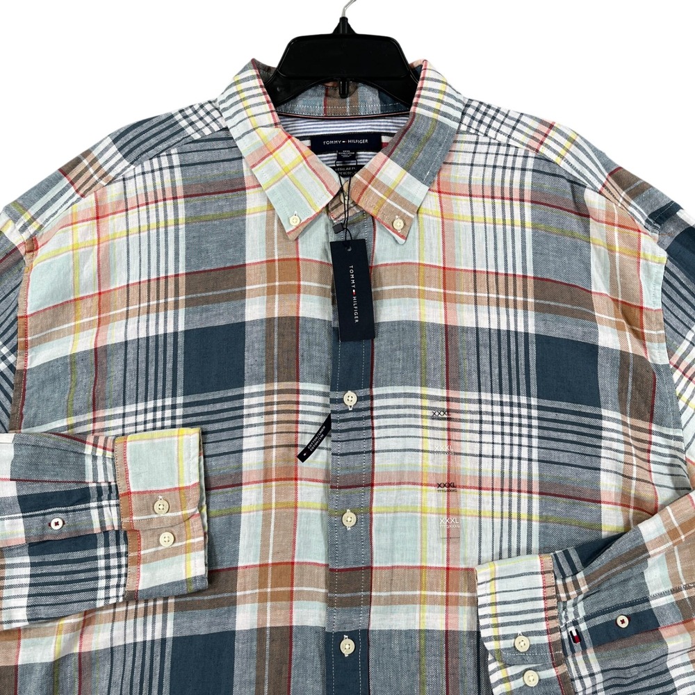 Tommy Hilfiger Shirt Mens 3XL Plaid Linen Cotton Regular Fit Long Sleeve NWT
